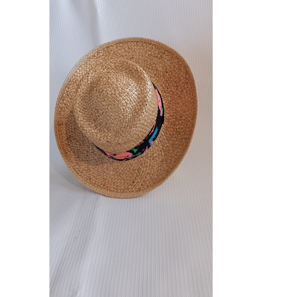 Vintage Made in USA Straw Boater Hat Large Natural Woven Mid Brim Abstract Band - Picture 7 of 9